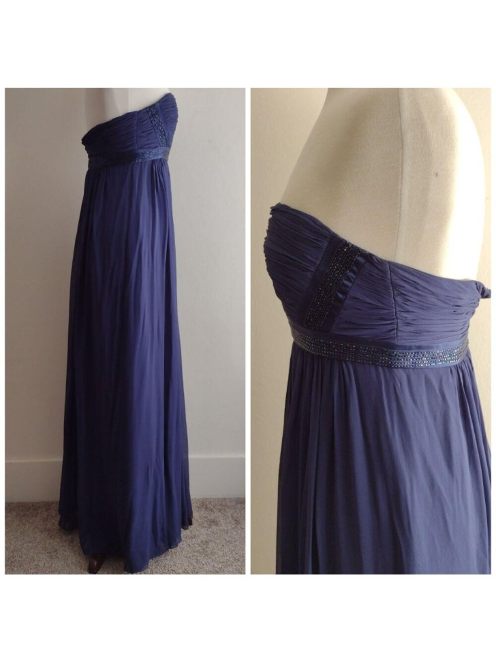 BCBG Max Azaria 100% Silk Beaded Gown 8 Strapless Prom Dress Navy Blue Grecian - Picture 6 of 11